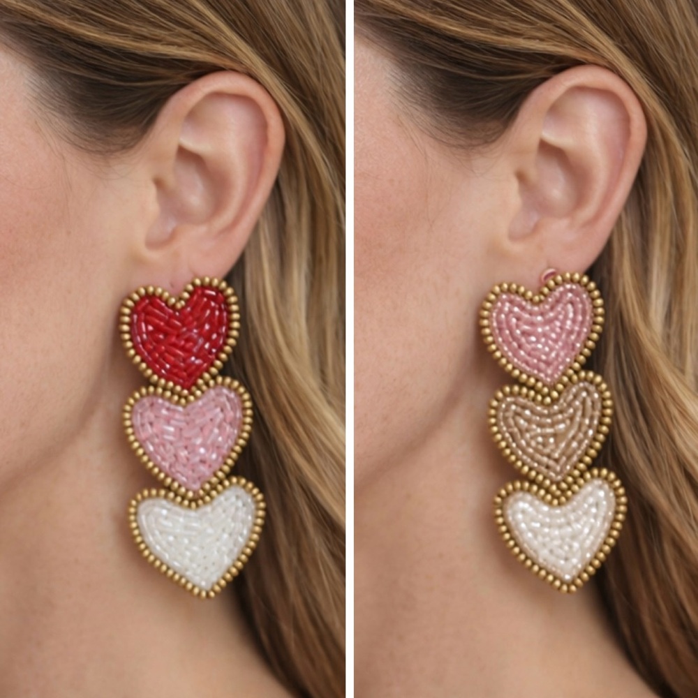 Triple Heart Seed Bead Dangle Earrings 💖